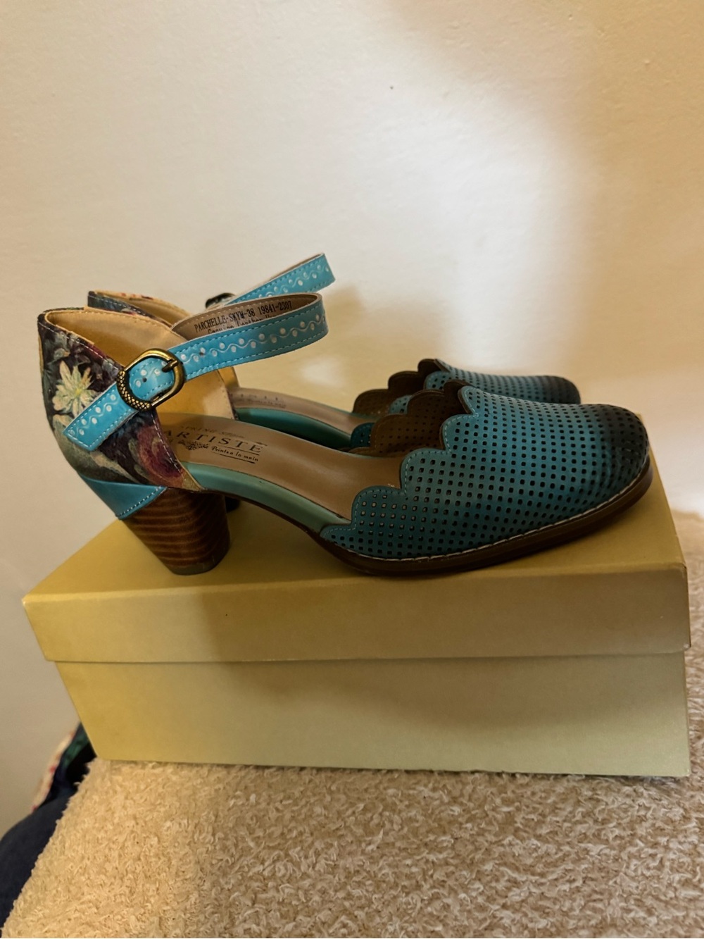 L'ATISTE Teal Perforated Mary Jane Heels with Floral Heel Detail